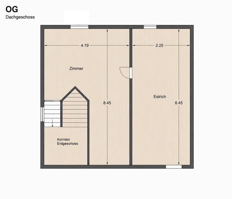 Floor plan of a roof level (Dachgeschoss) showing a room, hallway, and storage area with dimensions labeled.