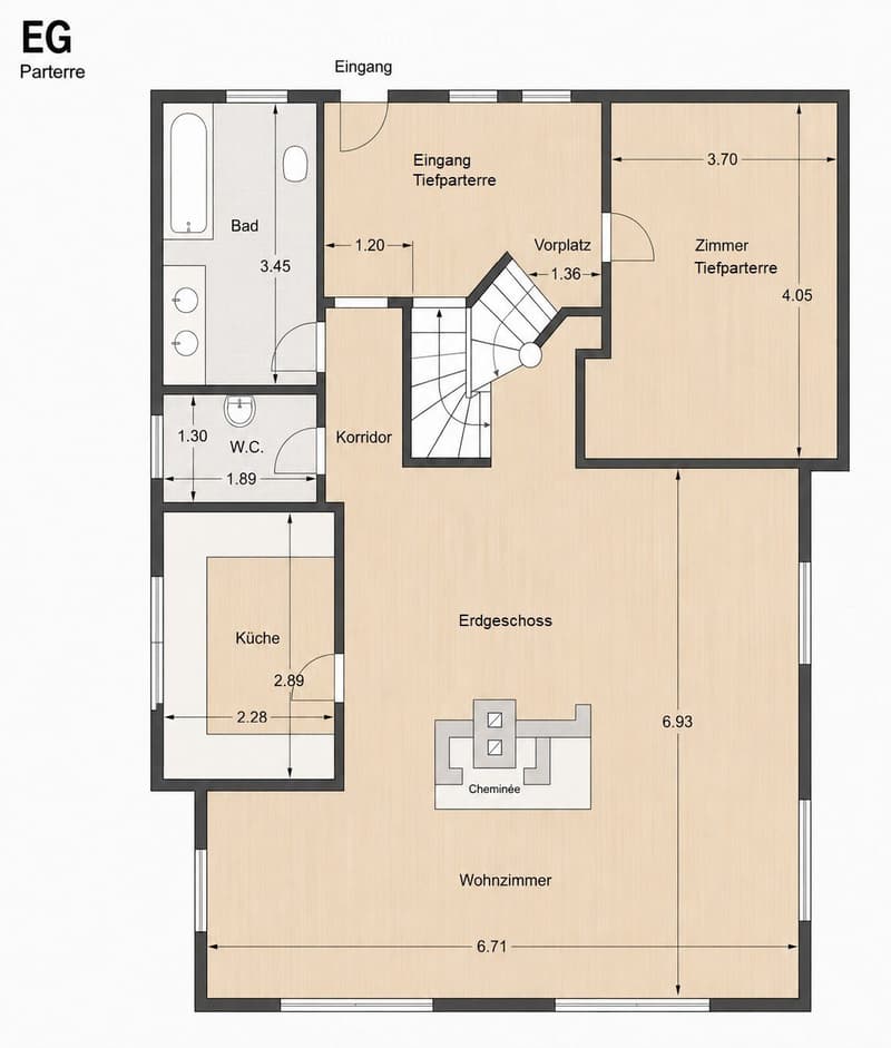 Ground floor floor plan showing a living room, kitchen, bathroom, WC, hallway, and a room with a fireplace.