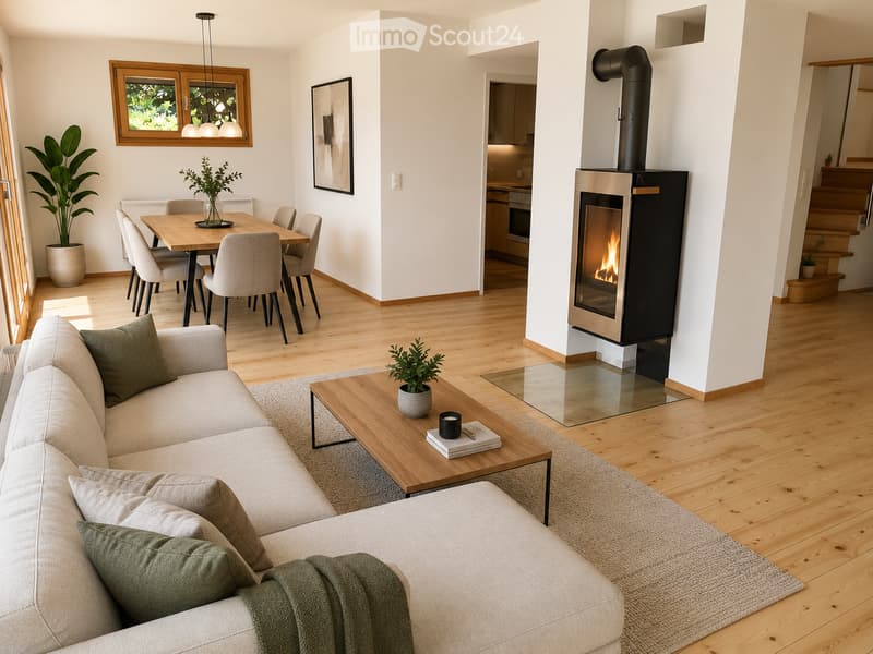 Open-plan living and dining area with a modern fireplace, sofa, coffee table, dining table, and chairs.