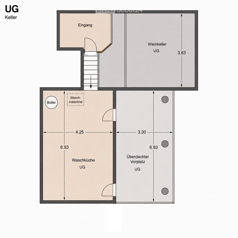 Layout of a basement level showing an entrance, wine cellar, boiler room, laundry area, and covered outdoor space.