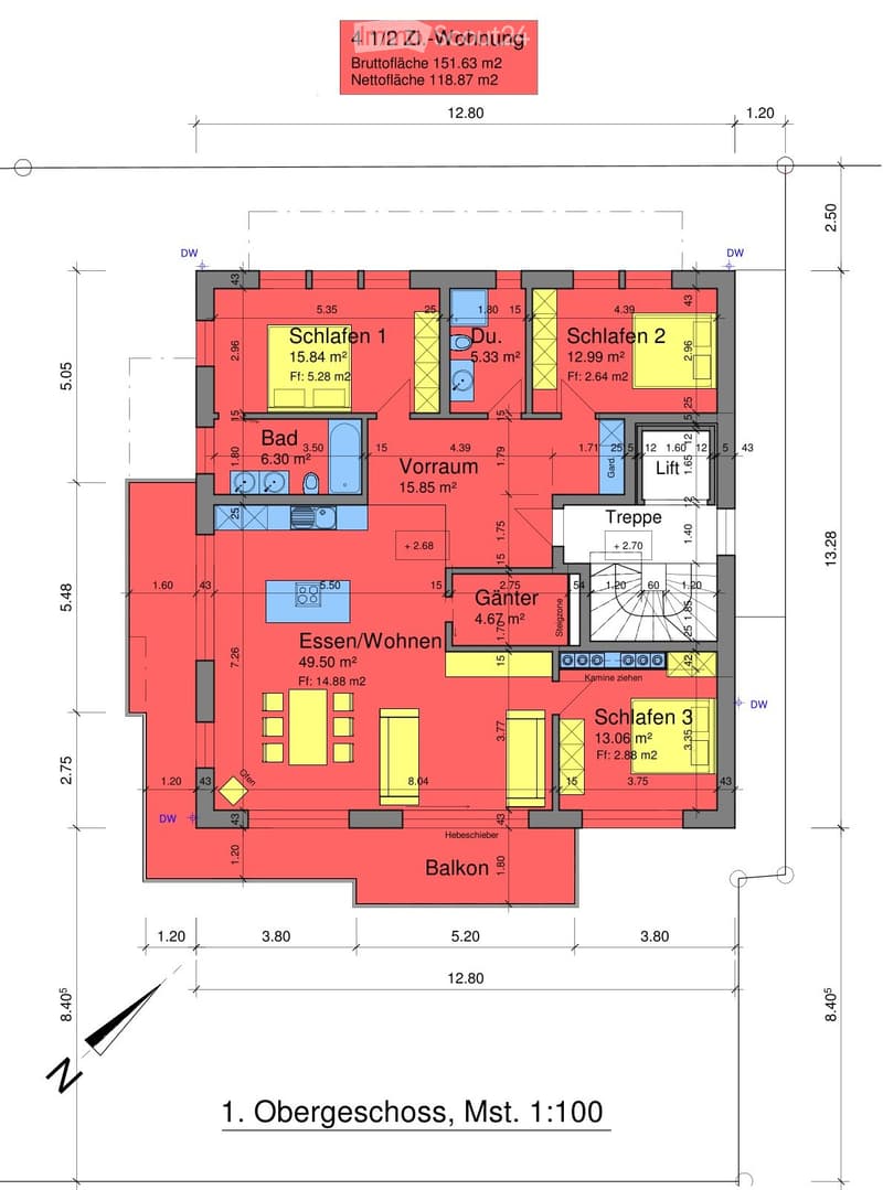 Floor plan of a 4 1/2 bedroom apartment with151.63 m² gross area and 118.87 m² net area. Layout includes three bedrooms, a bathroom, hallway, living/dining area, balcony, staircase, and elevator.