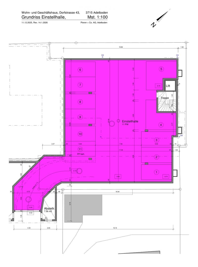 Floor plan of a residential and commercial building showing the basement level with labeled rooms, storage area, and elevator.