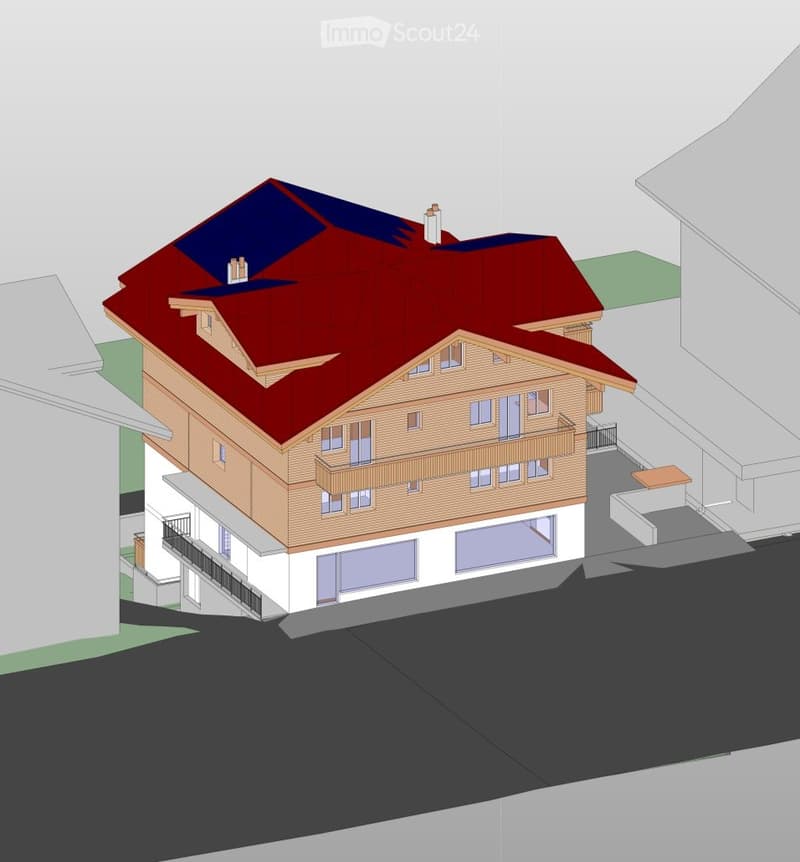 3D rendering of a multi-story wooden house with a red-tiled roof, multiple windows, and balconies.