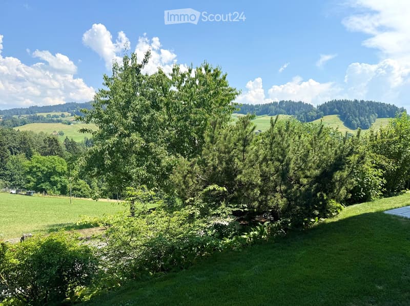 A lush, green garden area with trees, bushes, and a clear view of rolling hills and a forested landscape under a bright blue sky.