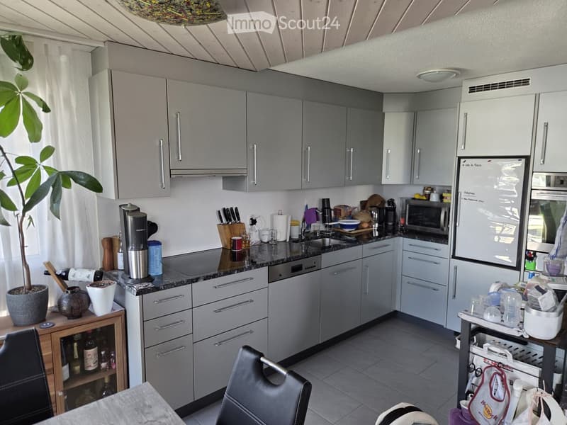 Modern kitchen with grey cabinets, stainless steel appliances, and a black granite countertop. Includes a refrigerator, microwave, dishwasher, coffee maker, sink, and various kitchen items on the counter.