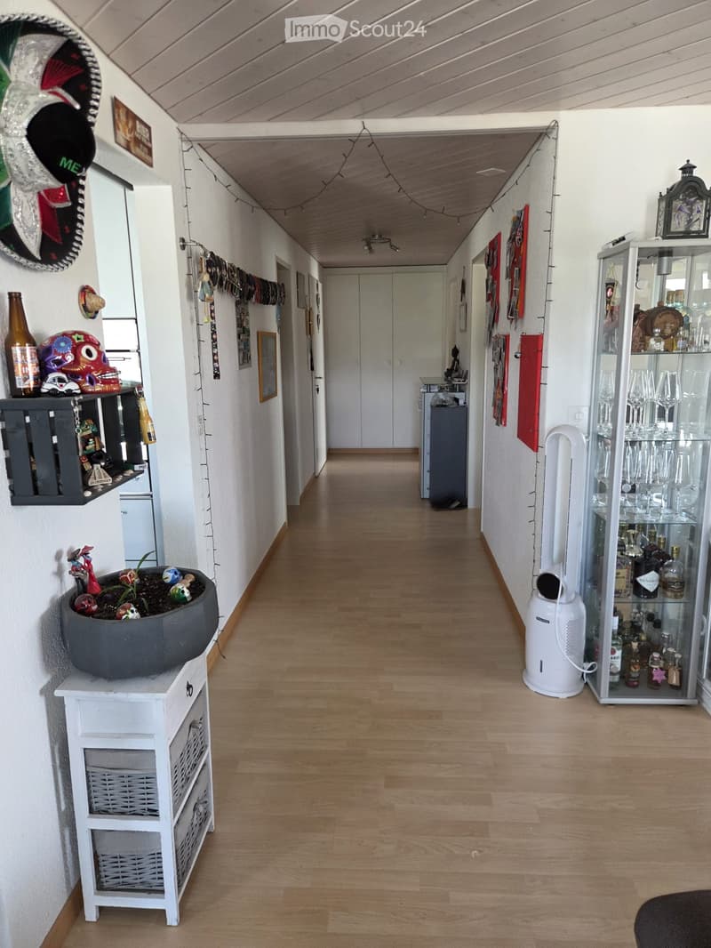 A well-lit hallway with wooden flooring, white walls, and various decorative items including shelves, a glass cabinet, and artwork. The hallway leads to other rooms and features a small plant on a white cabinet.