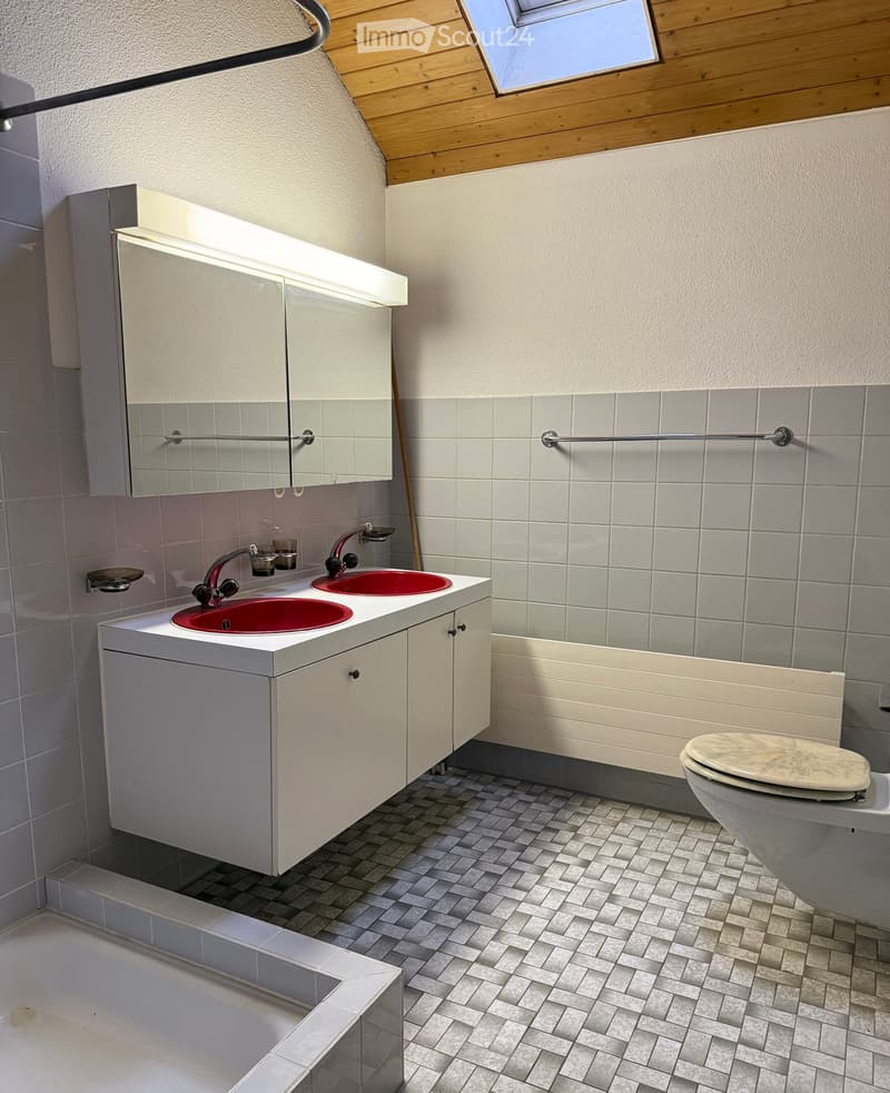 Modern bathroom with double sink, red basins, white cabinets, mirror, and toilet. Features tiled walls and floor, and a skylight window above.