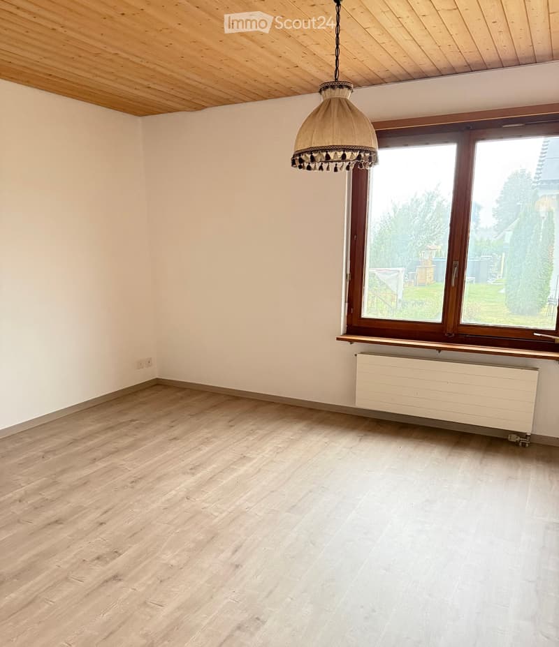 Empty room with light wooden flooring, white walls, and a large window with wooden frame. A hanging lamp with a beige shade is visible, and a radiator is placed below the window.