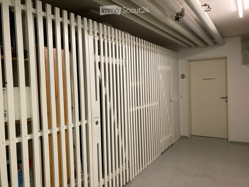 A long, narrow hallway with a white wooden fence on one side and a closed door at the end. The floor is concrete, and the walls are painted light gray.