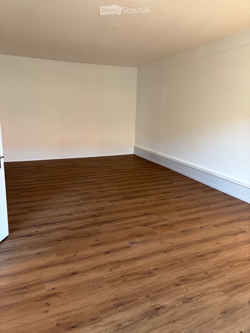 Empty room with light-colored walls and polished wooden flooring.