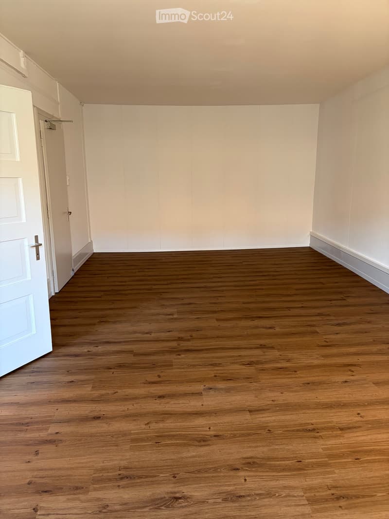 Empty room with wooden flooring, white walls, and a white door with a silver handle.