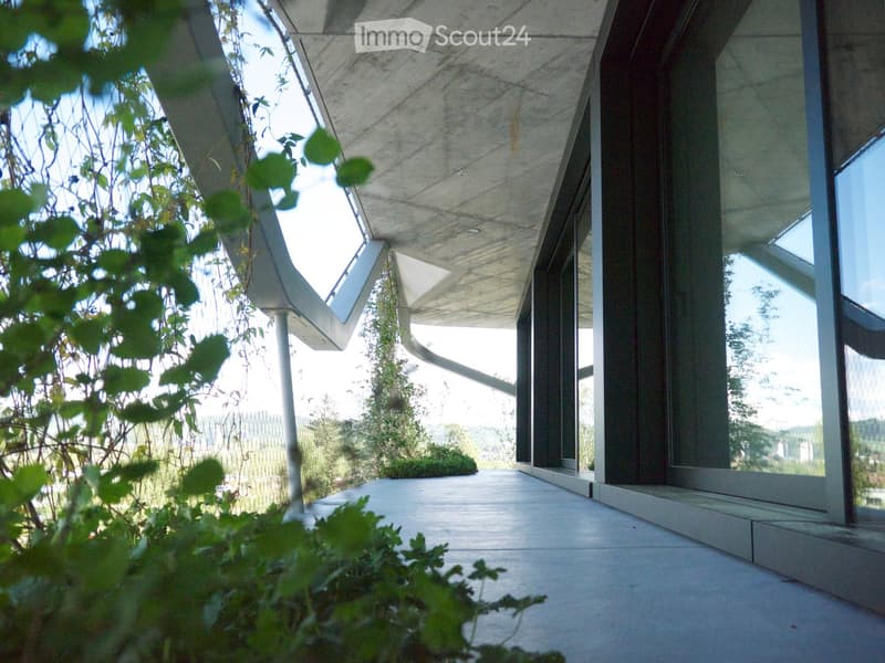 Modern building with a concrete roof and large glass windows, surrounded by greenery and a wooden deck.