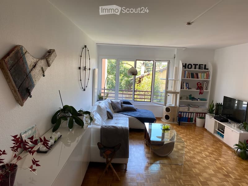 Modern living room with a white sectional sofa, glass coffee table, bookshelf, cat tree, and decorative plants. Large windows provide natural light.