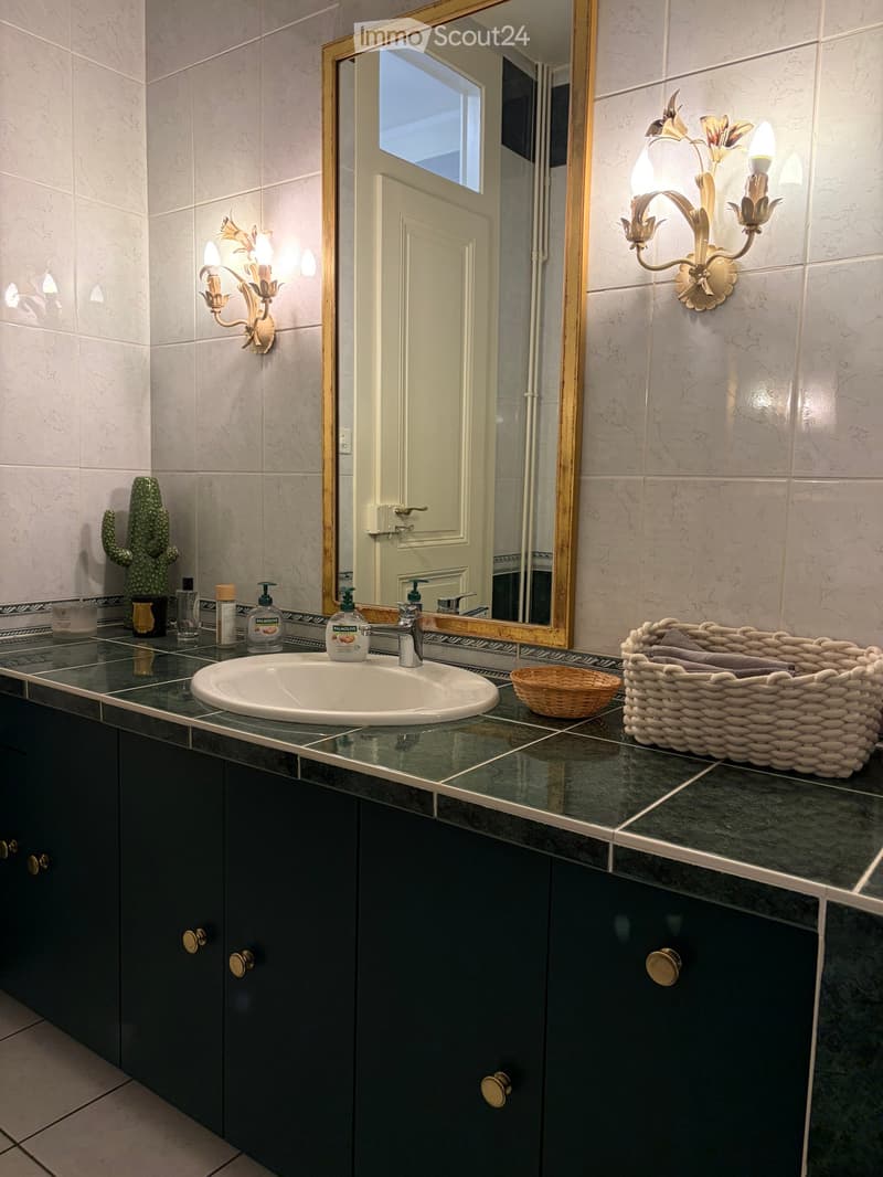 Bathroom with a dark green cabinet, a white sink, a large mirror with a gold frame, and decorative items including a cactus and a wicker basket on the counter.