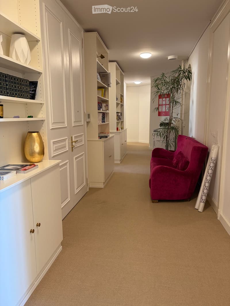 A well-lit hallway with beige carpeting, white walls, built-in shelving units, and a red armchair near a large potted plant.