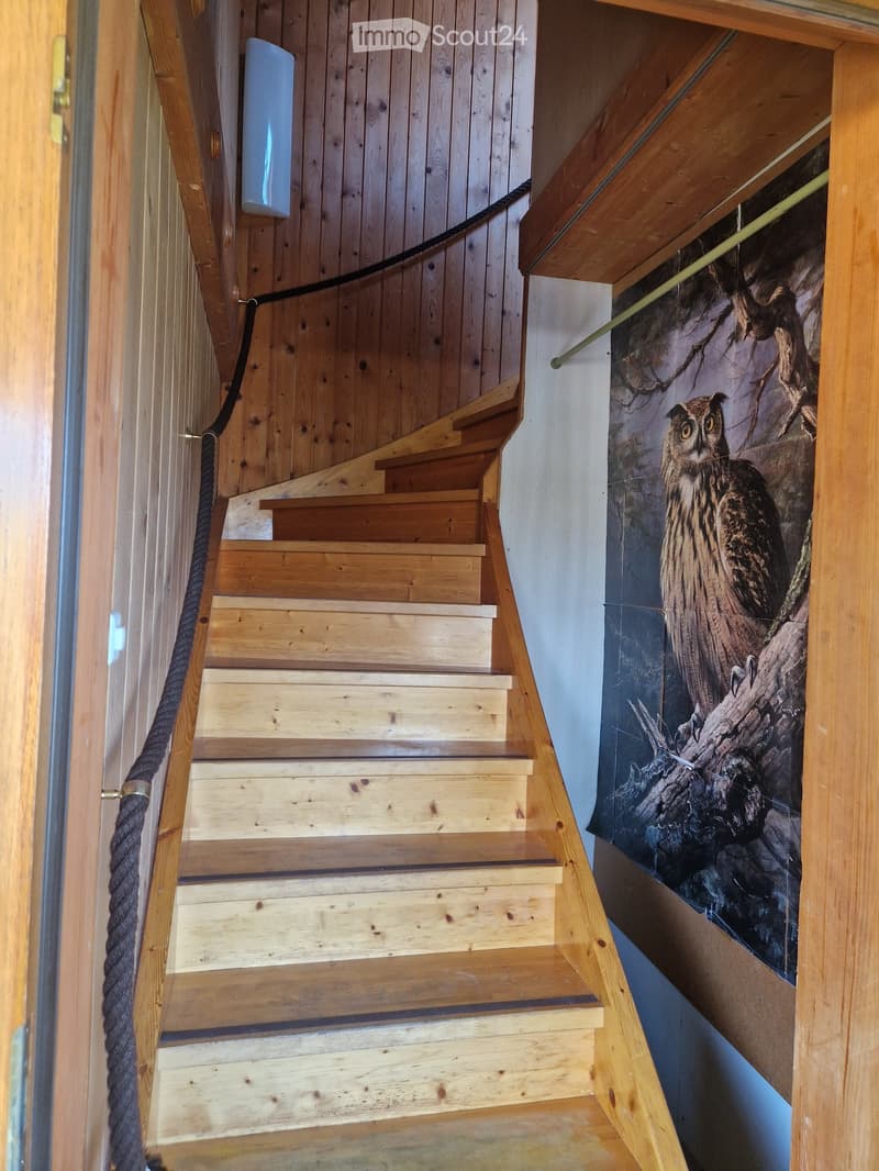 Wooden staircase with a rope handrail, wooden walls, and a mural of an owl on the wall.