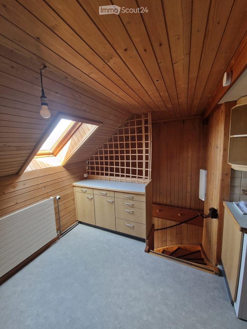 Attic room with wooden walls and ceiling, skylight window, built-in cabinet with drawers, radiator, and a light fixture.