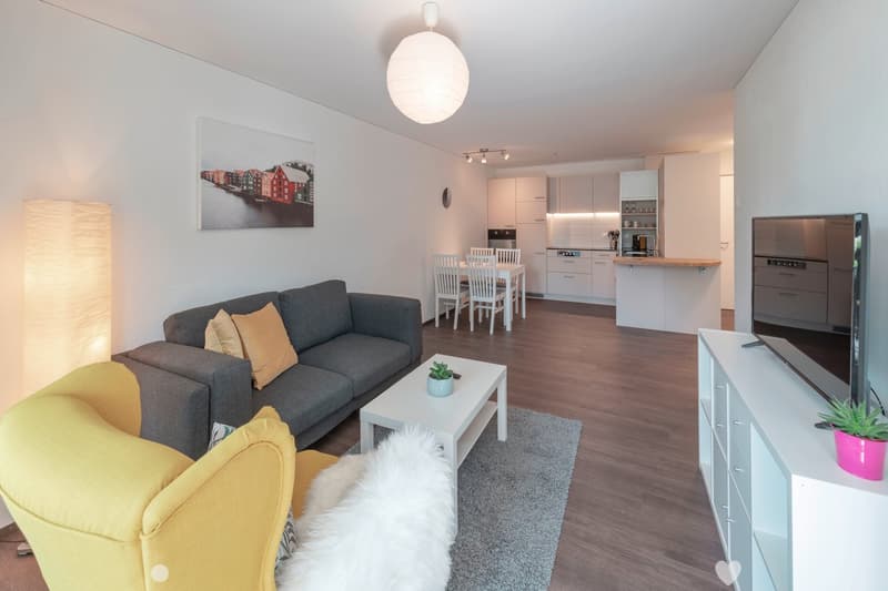modern living room with a couch, a yellow armchair, a white coffee table, a white tv stand, a TV, a floor lamp, a gray rug, a small plant, and a framed picture on the wall