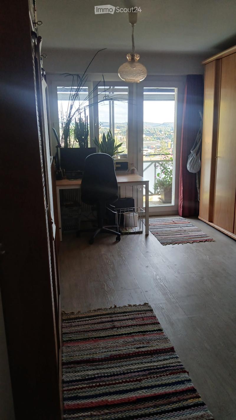 Bright hallway with wooden flooring, two colorful rugs, large windows with a scenic view, and a hanging light fixture.
