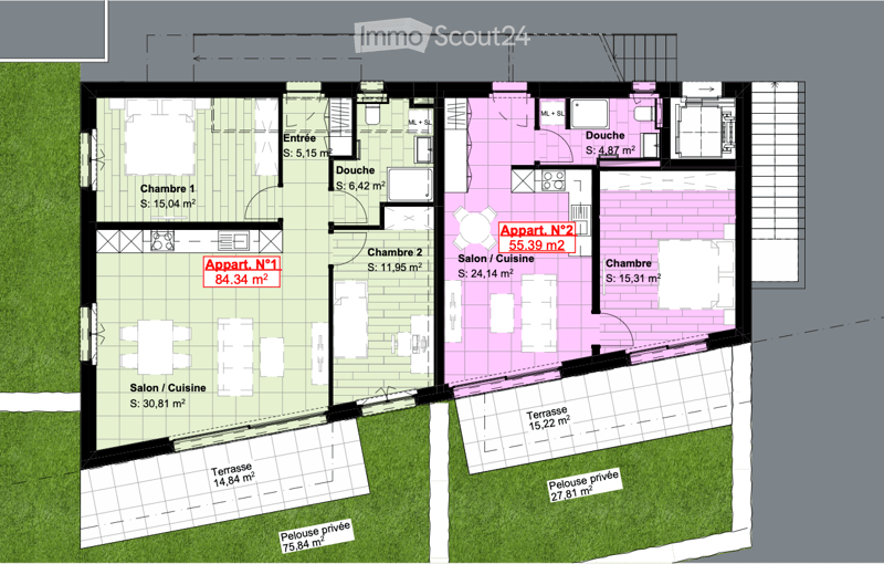 Floor plan of two apartments with living room, kitchen, bedrooms, bathrooms, and terraces.