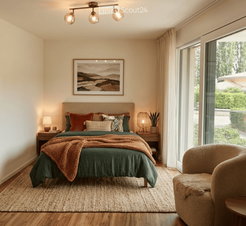 Modern bedroom with a large bed, nightstands, lamps, a cozy chair, and a view through large windows.