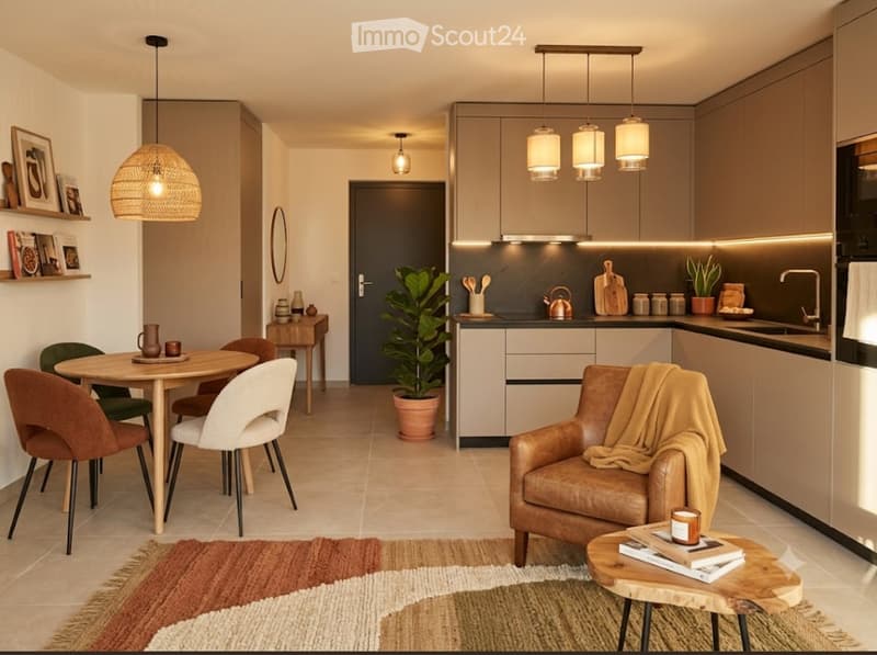 Open-plan living and dining area with modern furniture, including a leather sofa, coffee table, dining table with chairs, and a well-equipped kitchen with pendant lights and various appliances.