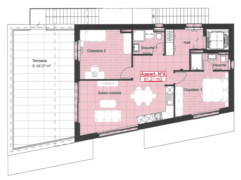 Floor plan of Apartment No.4, 91.21 m², featuring a living-dining area, two bedrooms, two bathrooms, and a terrace.