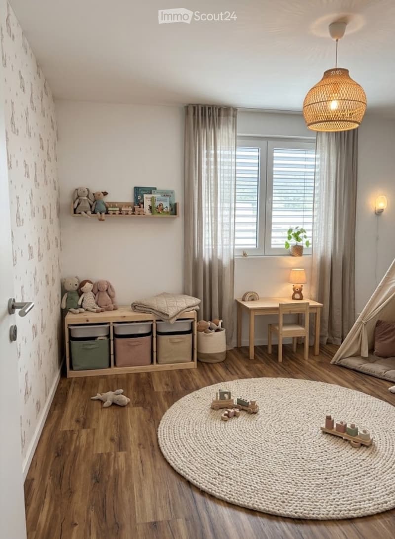 Cozy children's bedroom with wooden flooring, a large round wicker rug, a wooden shelf with storage bins, a desk with a chair, a table lamp, and a small tent. Stuffed animals and toys are scattered around the room.