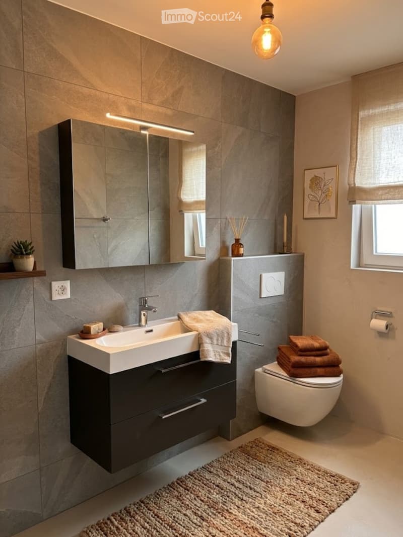 Modern bathroom with a white sink, dark cabinet, mirror, toilet, and a beige rug. Features include a candle, vase with dried plants, and a small potted plant on a shelf.