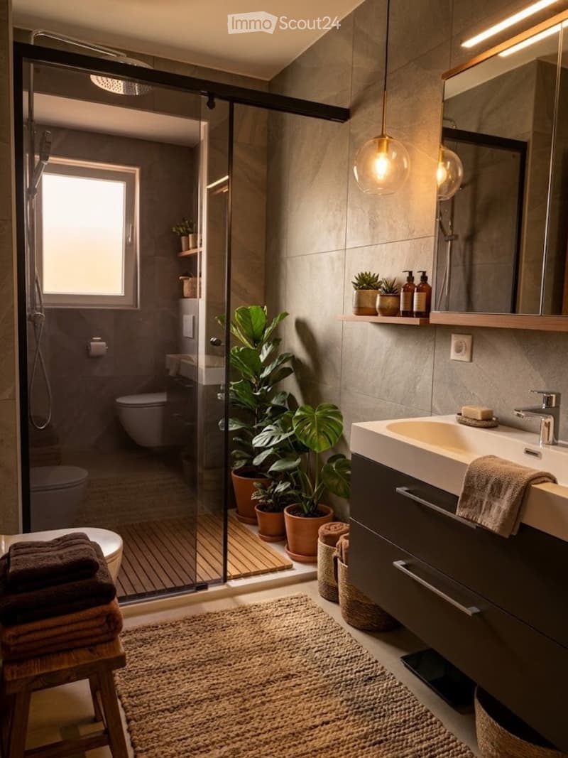 Modern bathroom with a glass-enclosed shower, double sink, large mirror, and potted plants. Features include a wooden shelf, towel rack, and warm lighting.