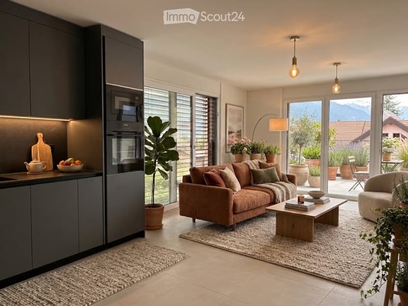 Modern open-plan living and dining area with a brown sectional sofa, coffee table, armchair, floor lamp, and a kitchen area with dark cabinets, oven, and a fruit bowl on the counter. Large windows offer a scenic mountain view.
