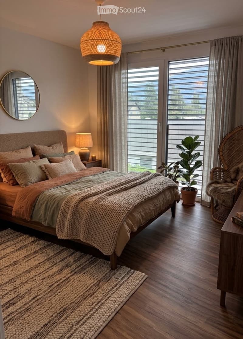 Cozy bedroom with a large bed, multiple pillows, a nightstand with a lamp, a hanging wicker lamp, a wicker chair, a potted plant, and a round mirror on the wall.