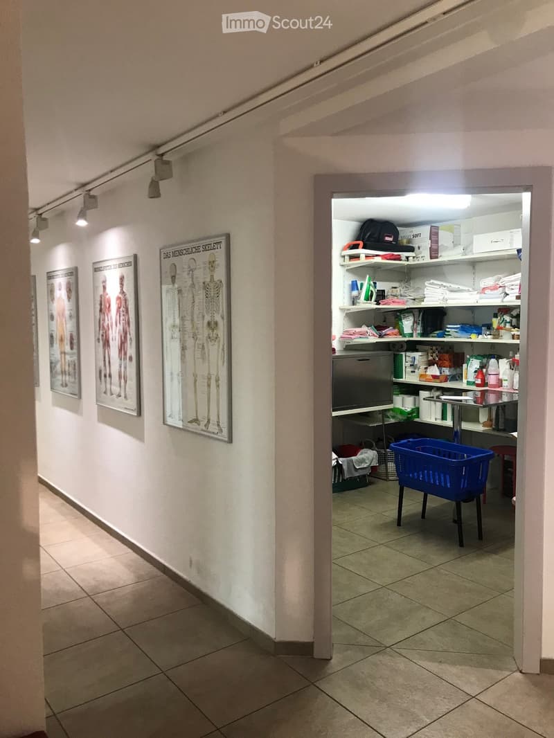 A hallway with anatomical posters on the wall and an open closet containing shelves with towels, cleaning supplies, and other items.