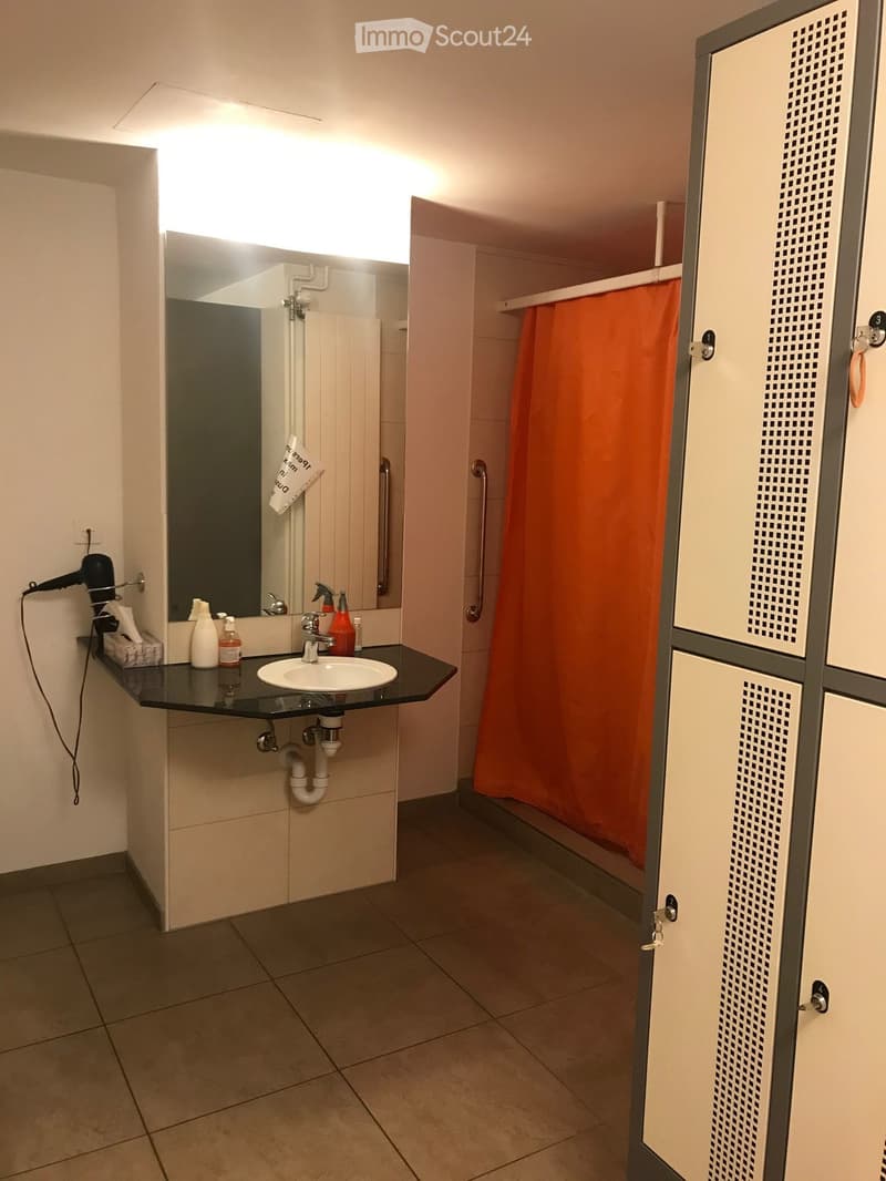 Modern bathroom with a sink, mirror, hair dryer, cleaning supplies, and a shower area with an orange curtain. Features a locker with perforated doors and a tiled floor.