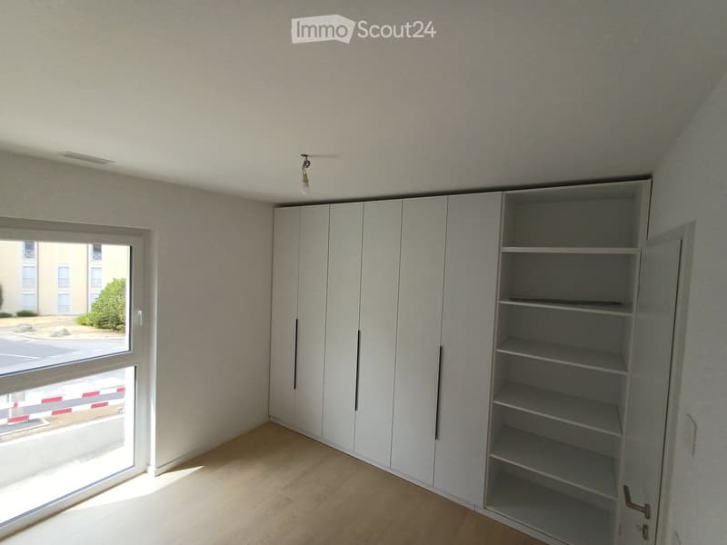 Empty room with light-colored walls, wooden flooring, and built-in white closet units with open shelving on one side.