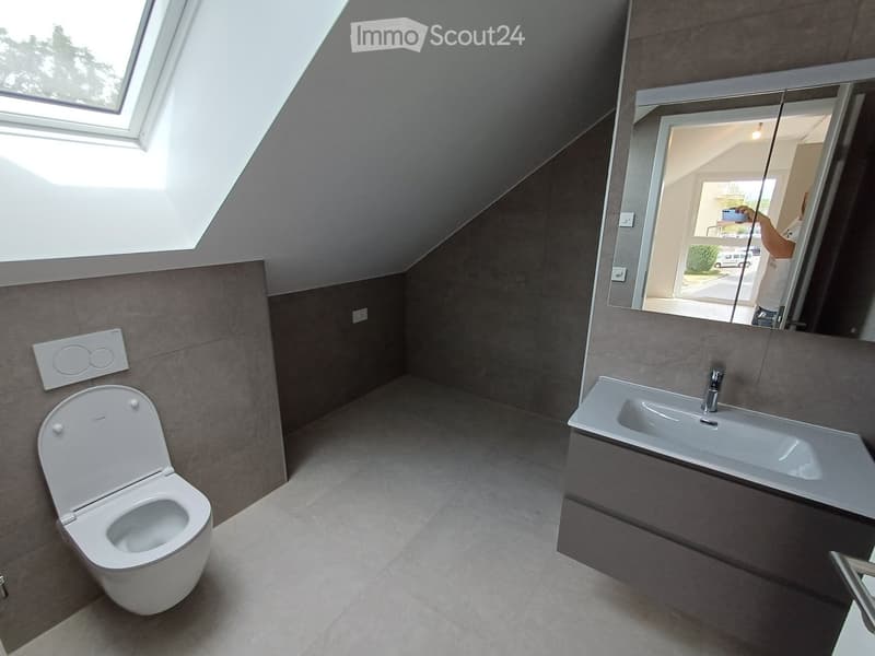 Modern bathroom with a toilet, sink, and large mirror. The room features grey tiled walls and a skylight window providing natural light.
