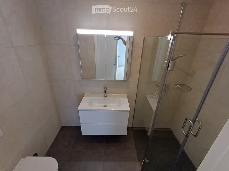 Modern bathroom with a white sink, mirror with built-in lighting, and a glass shower enclosure.