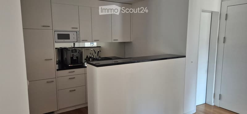 Modern kitchen with light grey cabinets, a microwave, coffee maker, and a sink with a faucet.