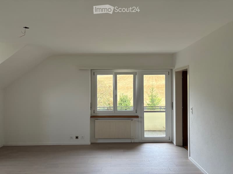 Empty room with wooden flooring, white walls, large window with view, radiator, and open doorway leading to another space.