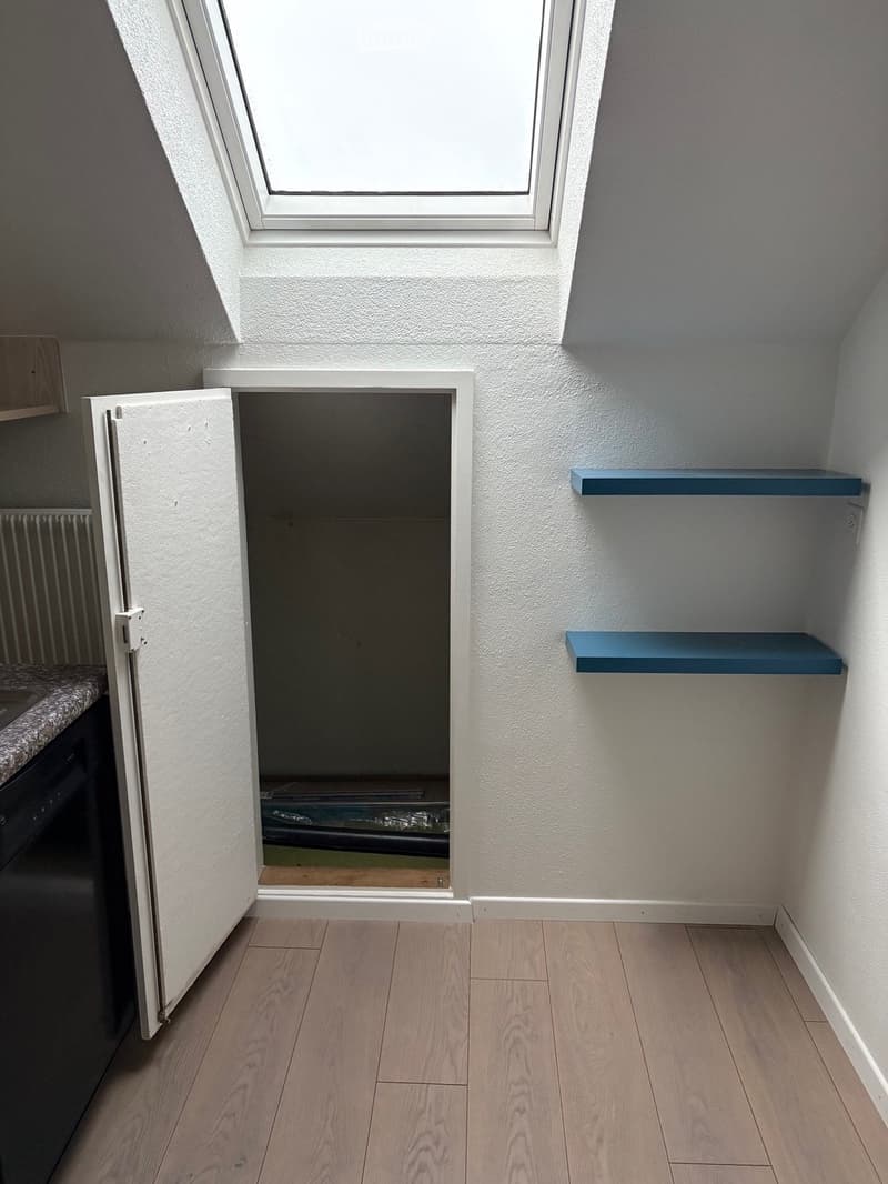 Empty room with light wooden flooring, white walls, and built-in blue shelves. A doorway leads to another space, and a window is visible at the top.
