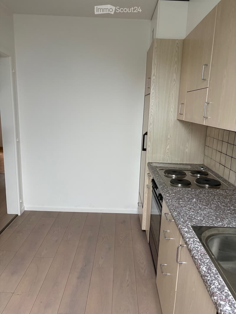 Modern kitchen with light wooden cabinets, granite countertop, and electric stove. The floor is made of light wood.