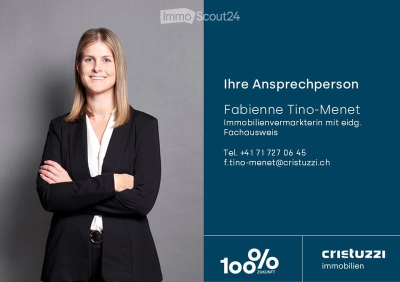 Professional portrait of a real estate agent, Fabienne Tino-Menet, with contact details and company logo.