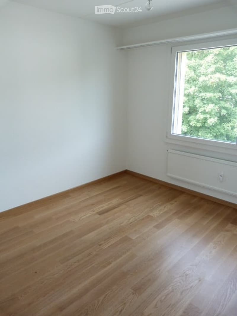 Empty room with light wooden flooring, white walls, and a large window with a view of greenery. A radiator is visible below the window.