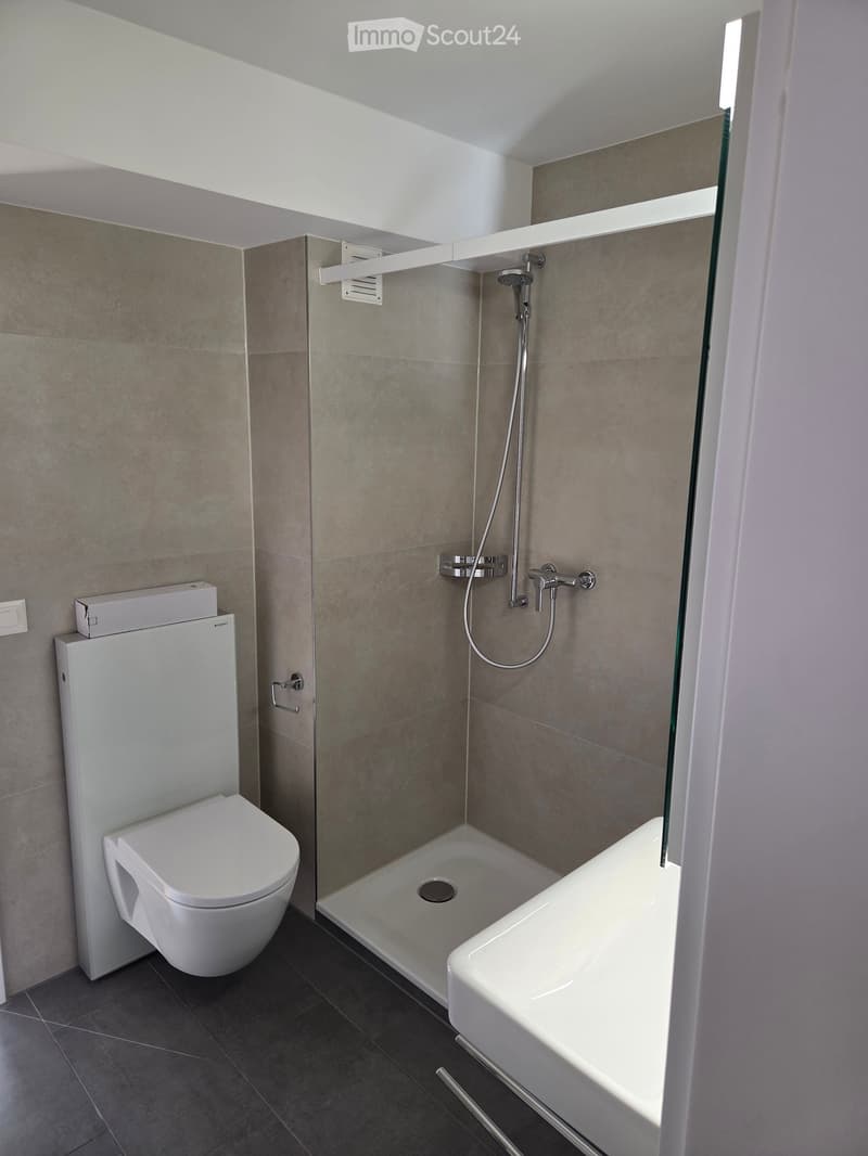 Modern bathroom with a white toilet, bathtub, and shower area with a glass enclosure. The walls are tiled in a neutral color scheme, and the floor is dark tiled.