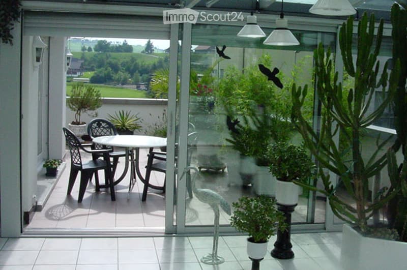 glass sliding doors, balcony, table and chairs, potted plants, decorative bird statue, tiled floor