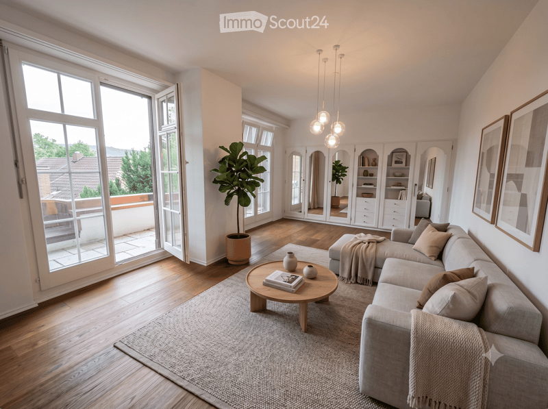 Bright living room with large windows and sliding doors leading to a balcony, featuring a grey sectional sofa, wooden coffee table, area rug, and decorative plants.