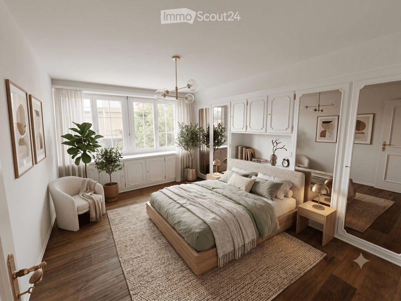 Modern bedroom with a large bed, nightstands, a chair, potted plants, and large windows with curtains.