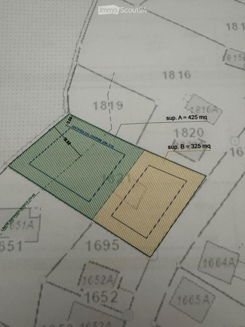Floor plan showing two plots of land with measurements and area calculations. Plot A is425 square meters, and Plot B is 325 square meters.