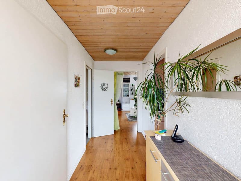 Bright hallway with wooden flooring, white walls, and a wooden ceiling. Features a small console table with a telephone and decorative items, along with a large potted plant on the right side. A door leads to another room with visible furniture and decor.