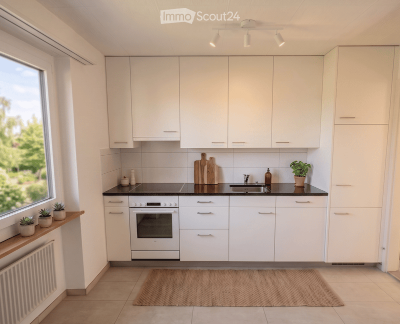 modern kitchen, white cabinets, black countertops, white appliances, large window, beige rug